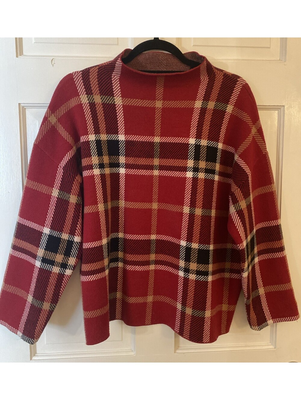 Tahari Red Tartan Knit Mock Neck Sweater Size XL Academia Preppy Y2K